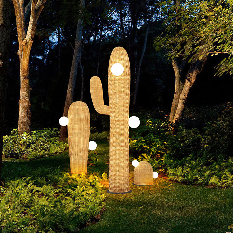 Contemporary Creative Cactus Waterproof Rubber Rattan Stainless Steel 2 - Light Standing Floor Lamp For Outdoor Patio