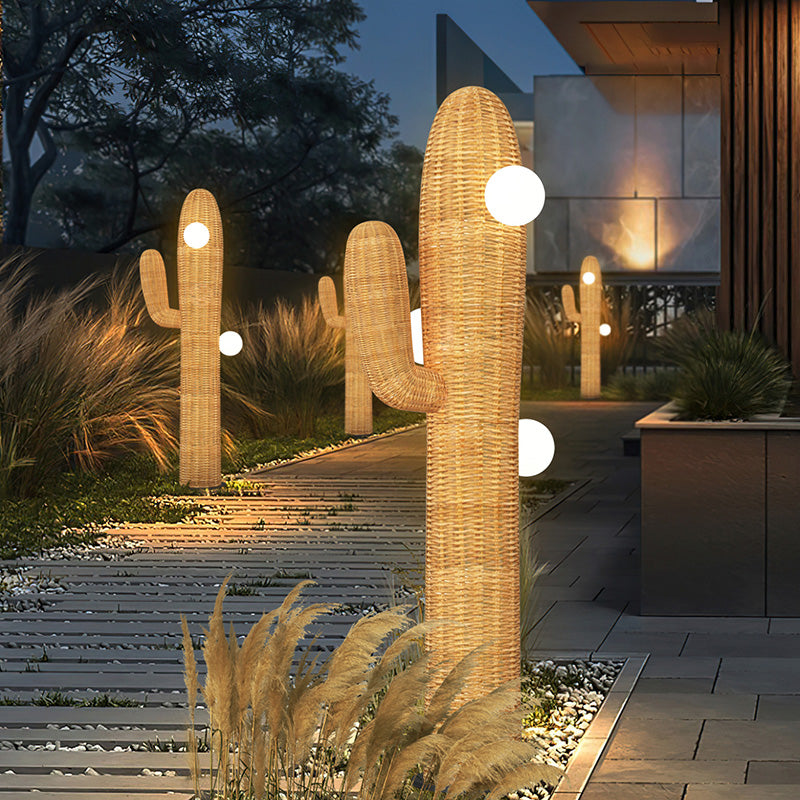 Contemporary Creative Cactus Waterproof Rubber Rattan Stainless Steel 2 - Light Standing Floor Lamp For Outdoor Patio