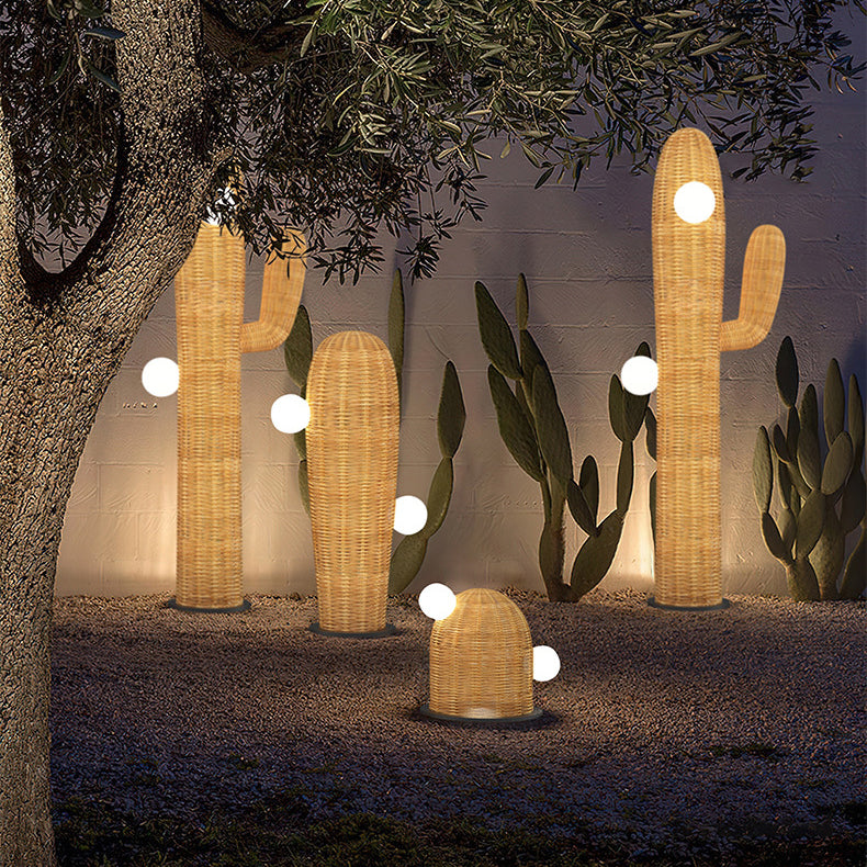 Contemporary Creative Cactus Waterproof Rubber Rattan Stainless Steel 2 - Light Standing Floor Lamp For Outdoor Patio
