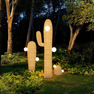 Contemporary Creative Cactus Waterproof Rubber Rattan Stainless Steel 2 - Light Standing Floor Lamp For Outdoor Patio