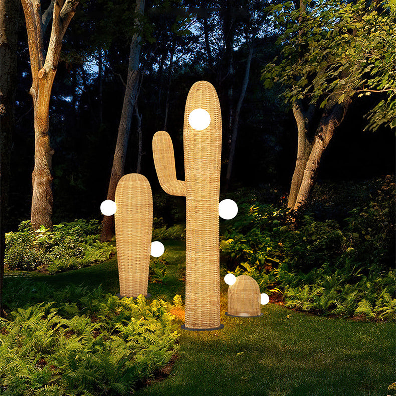 Contemporary Creative Cactus Waterproof Rubber Rattan Stainless Steel 2 - Light Standing Floor Lamp For Outdoor Patio