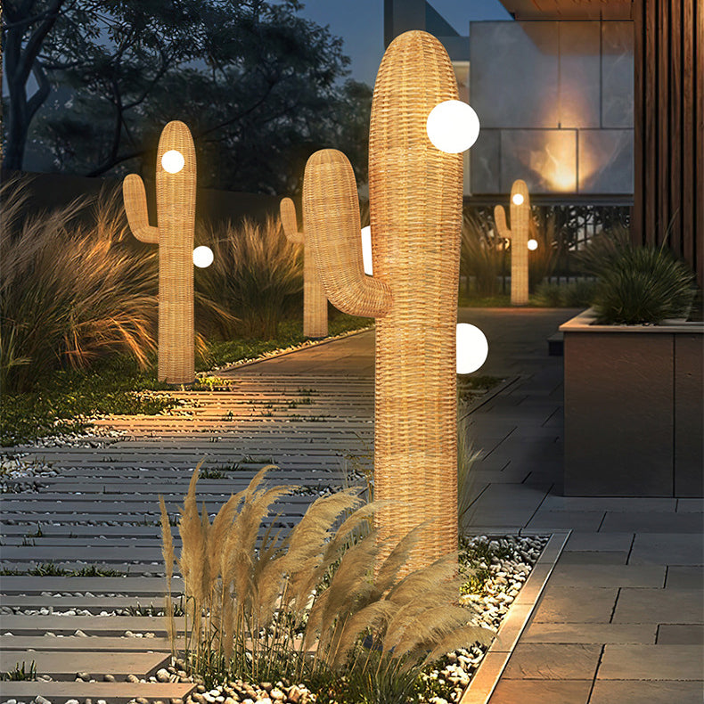 Contemporary Creative Cactus Waterproof Rubber Rattan Stainless Steel 2 - Light Standing Floor Lamp For Outdoor Patio