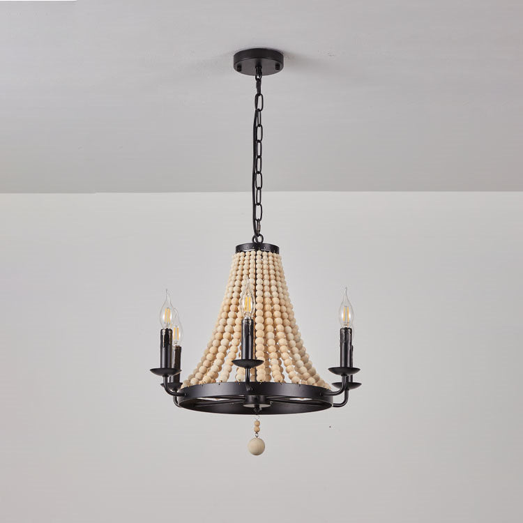Traditioneller rustikaler Kuppel-Trapez-Holzperlen-Eisen-6-Licht-Kronleuchter für das Esszimmer 