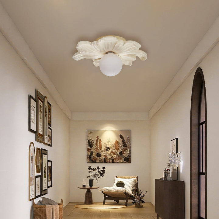 Traditional Japanese Floral Orb Resin Roto-molding 1 - Light Semi-Flush Mount Ceiling Light For Living Room