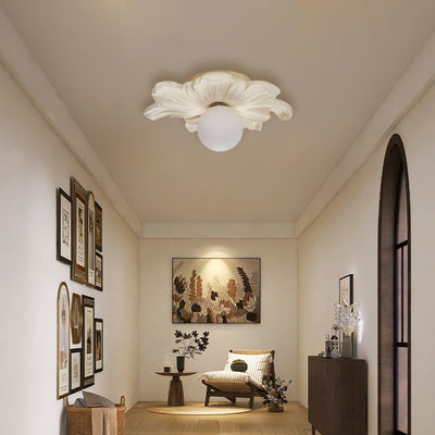 Traditional Japanese Floral Orb Resin Roto-molding 1 - Light Semi-Flush Mount Ceiling Light For Living Room