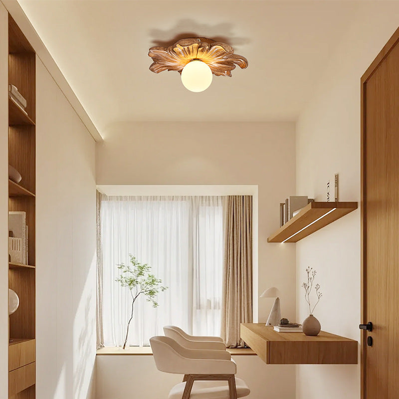 Traditional Japanese Floral Orb Resin Roto-molding 1 - Light Semi-Flush Mount Ceiling Light For Living Room
