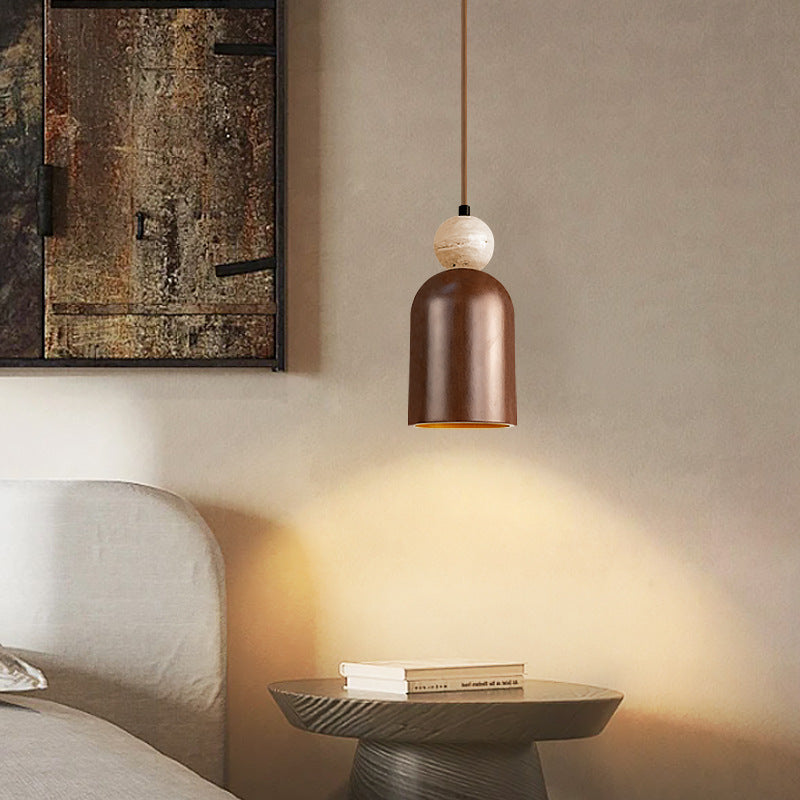 Traditionelle japanische Kuppel Orb Gelber Travertin Massivholz 1 - Licht Pendelleuchte für das Schlafzimmer 