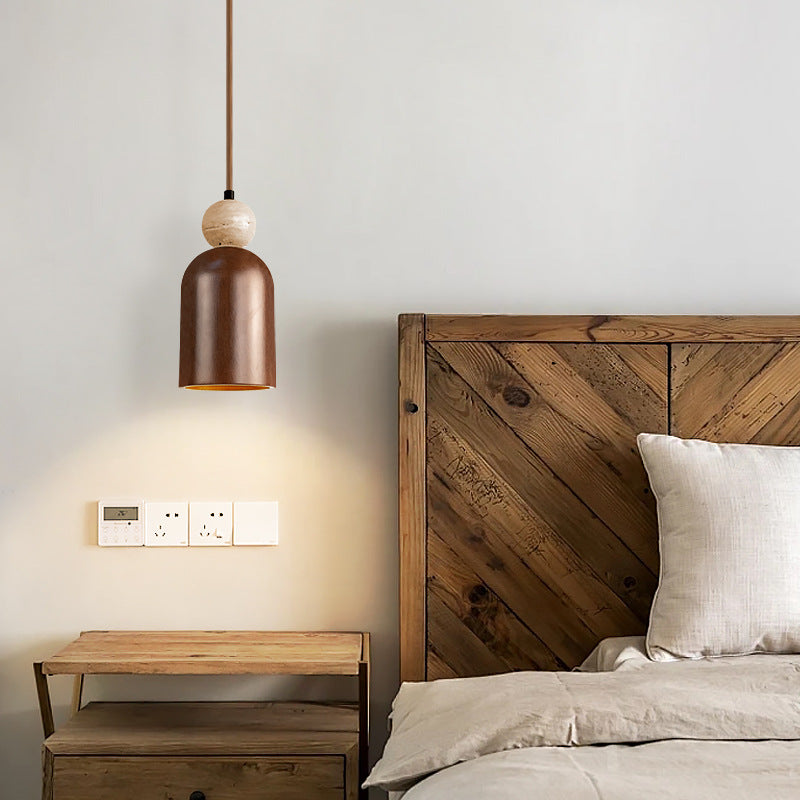 Traditionelle japanische Kuppel Orb Gelber Travertin Massivholz 1 - Licht Pendelleuchte für das Schlafzimmer 