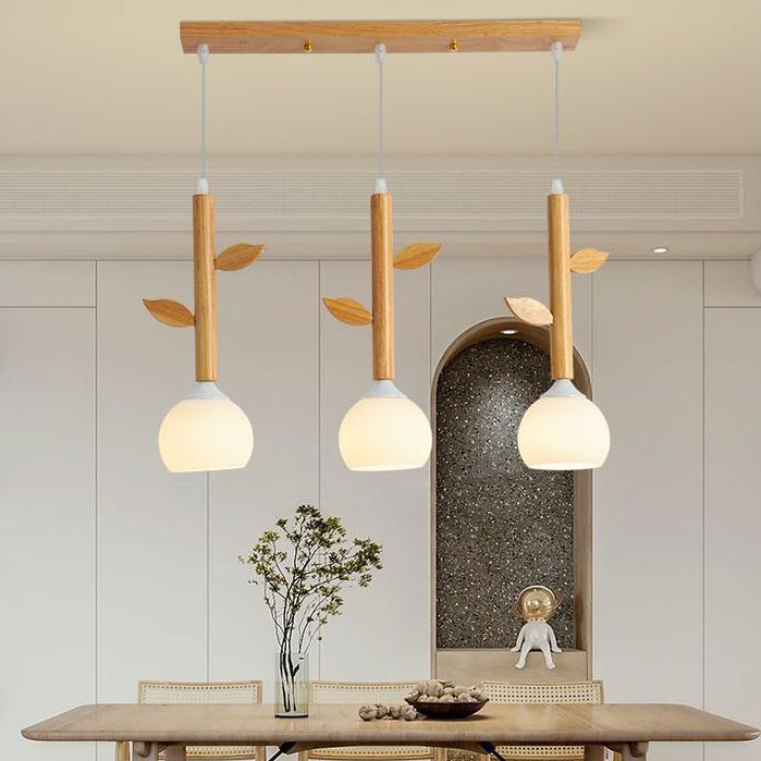 Traditional Japanese Branches Leaves Semicircle Rubber Wood Glass Iron 3 - Light Chandelier For Dining Room