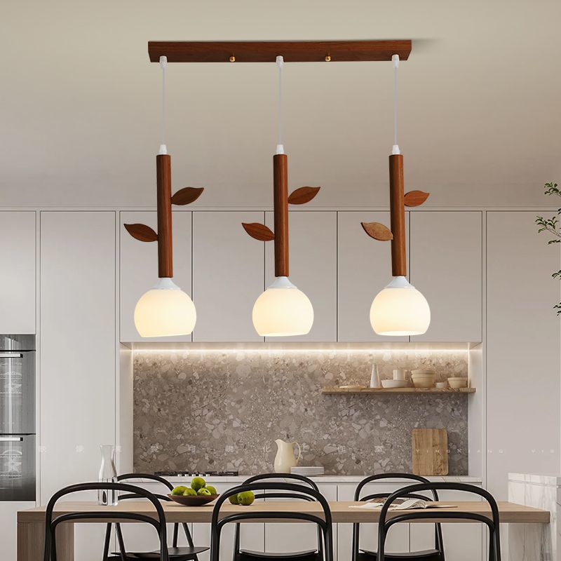 Traditionelle japanische Zweige Blätter Halbkreis Gummi Holz Glas Eisen 3 - Licht Kronleuchter für Esszimmer 