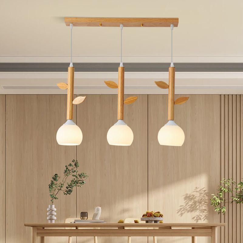 Traditionelle japanische Zweige Blätter Halbkreis Gummi Holz Glas Eisen 3 - Licht Kronleuchter für Esszimmer 