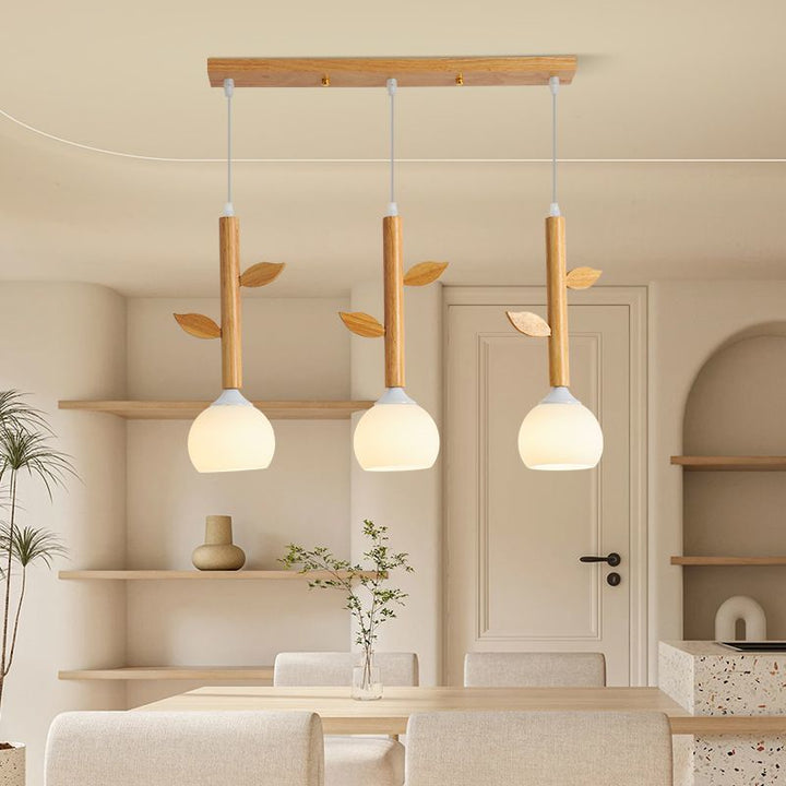 Traditional Japanese Branches Leaves Semicircle Rubber Wood Glass Iron 3 - Light Chandelier For Dining Room