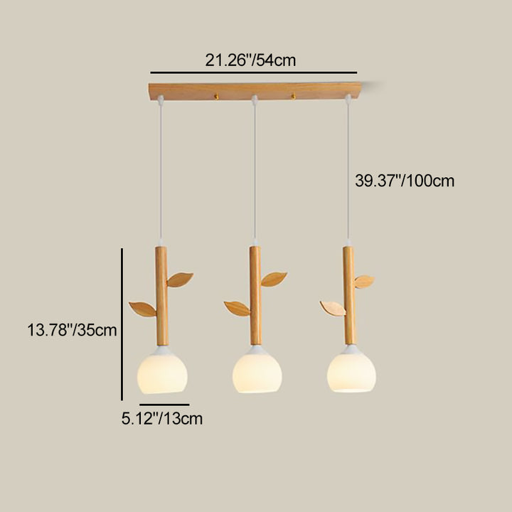 Traditional Japanese Branches Leaves Semicircle Rubber Wood Glass Iron 3 - Light Chandelier For Dining Room