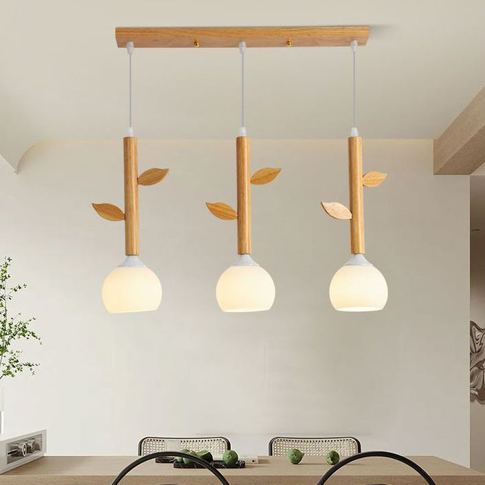 Traditionelle japanische Zweige Blätter Halbkreis Gummi Holz Glas Eisen 3 - Licht Kronleuchter für Esszimmer 