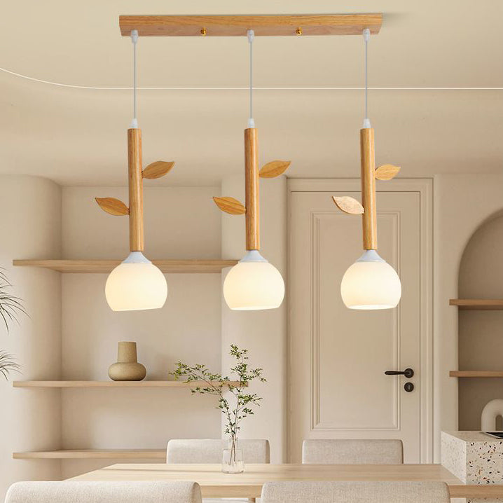 Traditionelle japanische Zweige Blätter Halbkreis Gummi Holz Glas Eisen 3 - Licht Kronleuchter für Esszimmer 