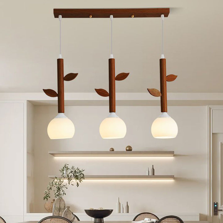 Traditional Japanese Branches Leaves Semicircle Rubber Wood Glass Iron 3 - Light Chandelier For Dining Room