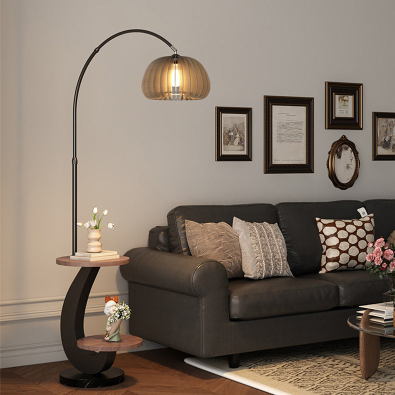Contemporary Nordic Pumpkin Wood Lampshade Iron 1 - Light Standing Floor Lamp For Living Room