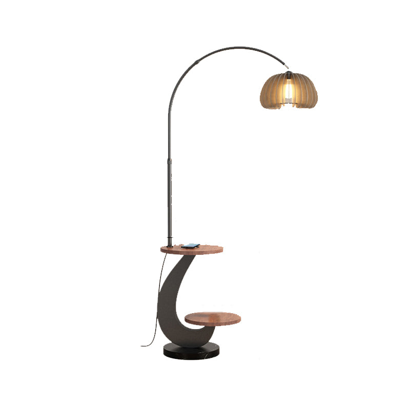 Contemporary Nordic Pumpkin Wood Lampshade Iron 1 - Light Standing Floor Lamp For Living Room