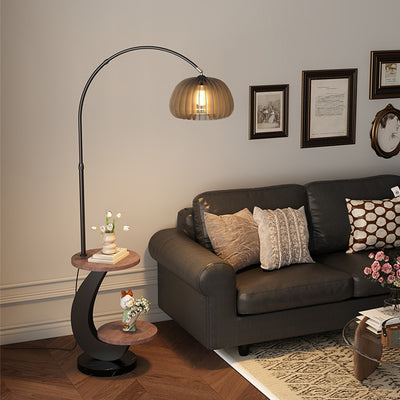Contemporary Nordic Pumpkin Wood Lampshade Iron 1 - Light Standing Floor Lamp For Living Room