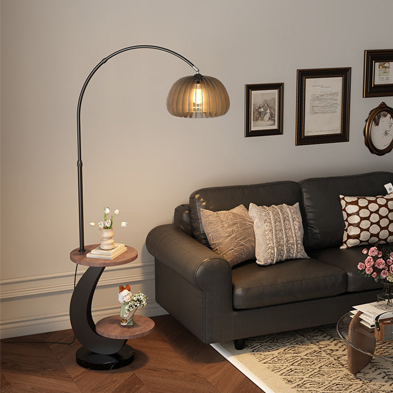 Contemporary Nordic Pumpkin Wood Lampshade Iron 1 - Light Standing Floor Lamp For Living Room