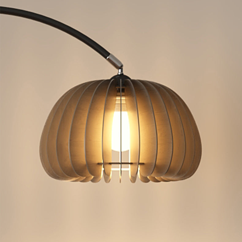 Contemporary Nordic Pumpkin Wood Lampshade Iron 1 - Light Standing Floor Lamp For Living Room