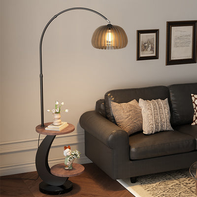 Contemporary Nordic Pumpkin Wood Lampshade Iron 1 - Light Standing Floor Lamp For Living Room