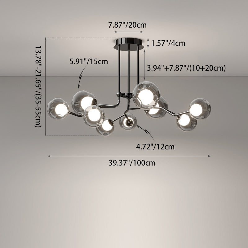Contemporary Scandinavian Dome Orb Branches Iron Glass 9/12 - Light Chandelier For Living Room