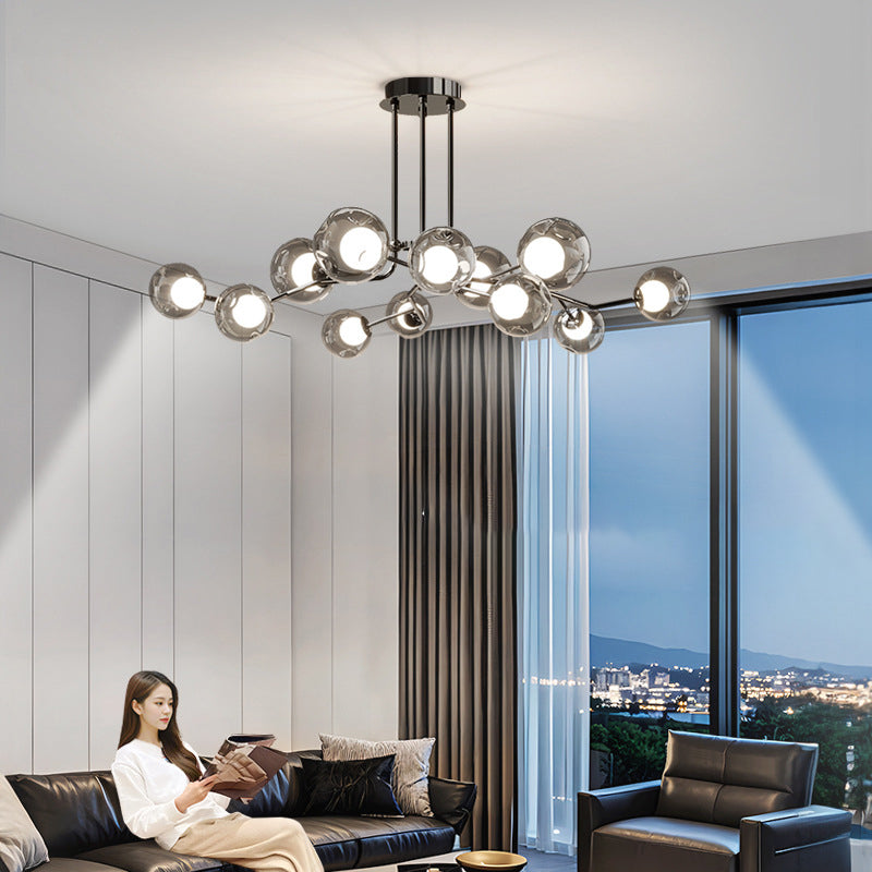 Contemporary Scandinavian Dome Orb Branches Iron Glass 9/12 - Light Chandelier For Living Room