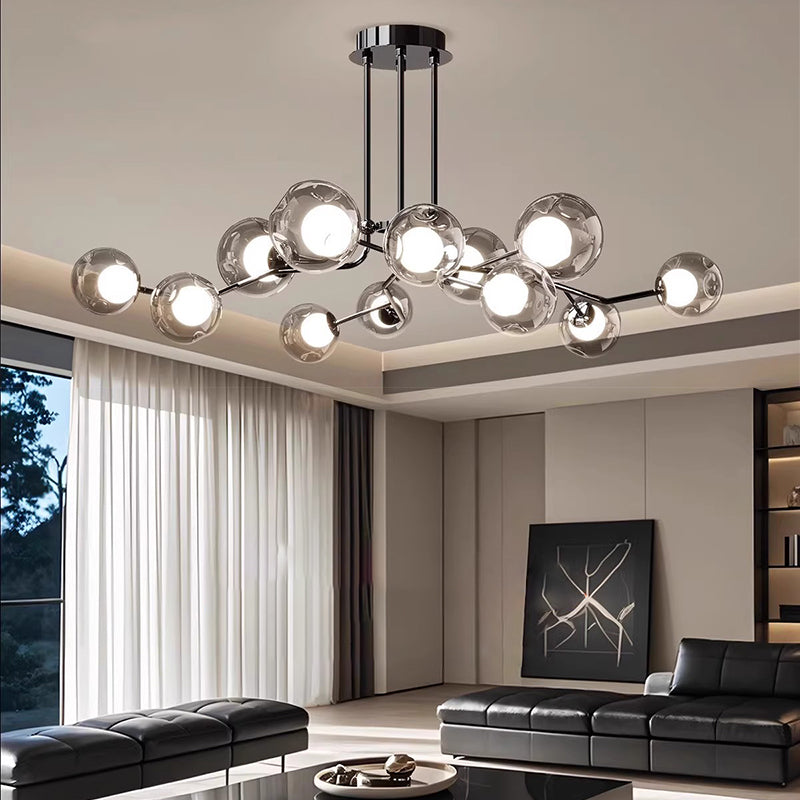 Contemporary Scandinavian Dome Orb Branches Iron Glass 9/12 - Light Chandelier For Living Room
