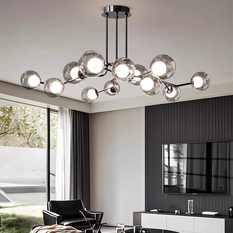 Contemporary Scandinavian Dome Orb Branches Iron Glass 9/12 - Light Chandelier For Living Room