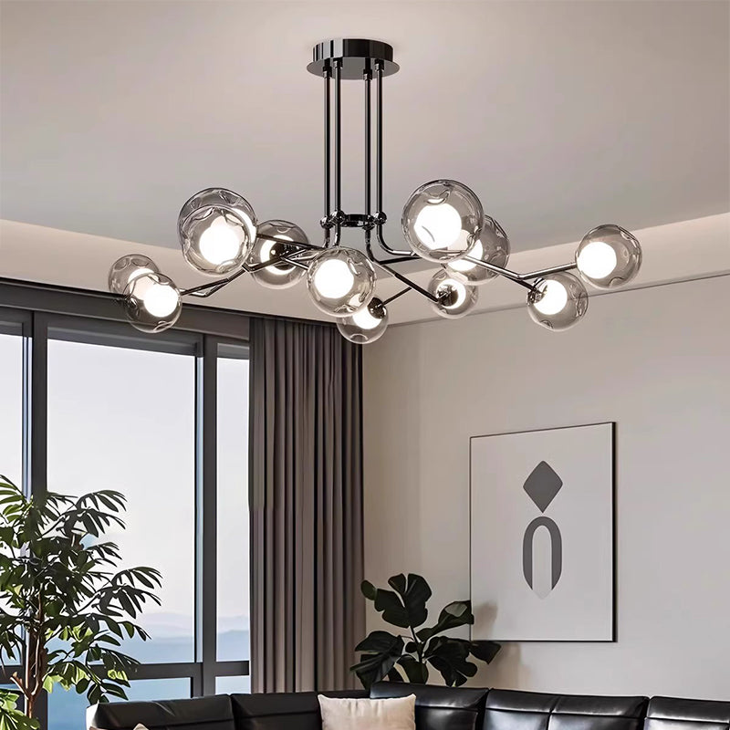 Contemporary Scandinavian Dome Orb Branches Iron Glass 9/12 - Light Chandelier For Living Room