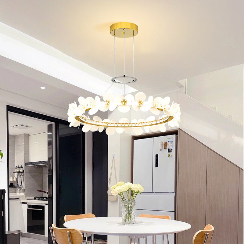 Contemporary Nordic Round Flowers Crystal Acrylic Iron LED Chandeliers For Living Room