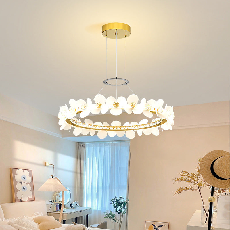 Contemporary Nordic Round Flowers Crystal Acrylic Iron LED Chandeliers For Living Room