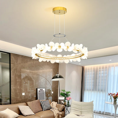 Contemporary Nordic Round Flowers Crystal Acrylic Iron LED Chandeliers For Living Room