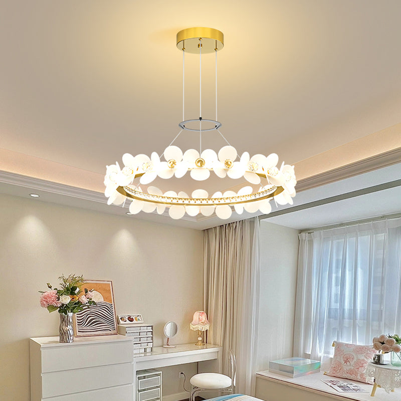 Contemporary Nordic Round Flowers Crystal Acrylic Iron LED Chandeliers For Living Room