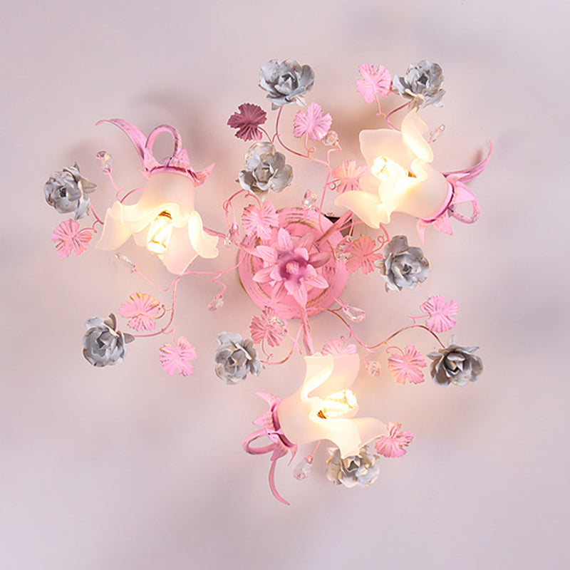 Dôme nordique contemporain Branches Fleurs Verre Cristal Fer 3 - Plafonnier semi-encastré pour chambre à coucher 