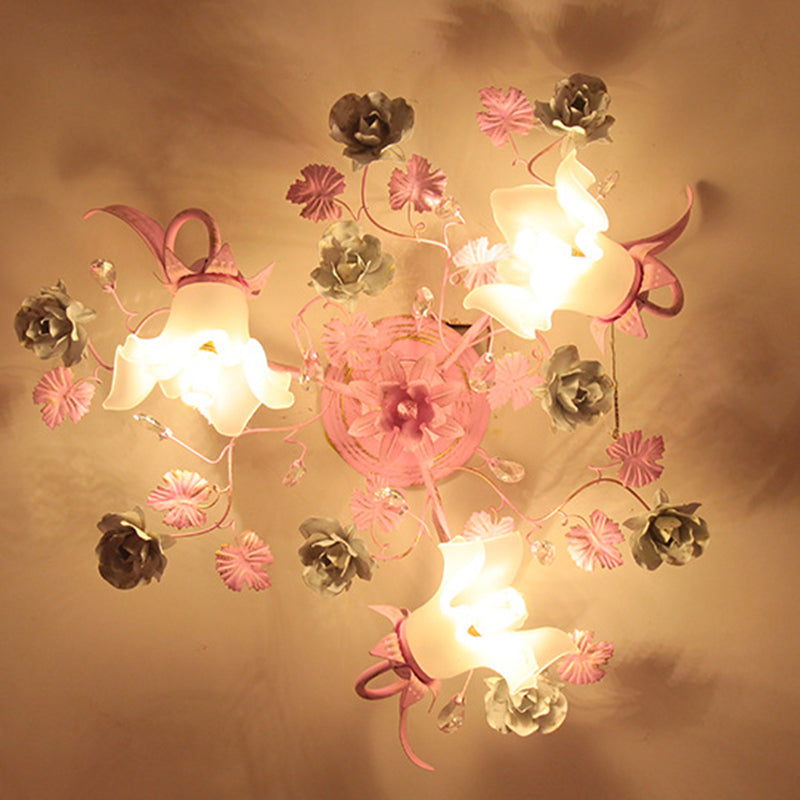 Dôme nordique contemporain Branches Fleurs Verre Cristal Fer 3 - Plafonnier semi-encastré pour chambre à coucher 
