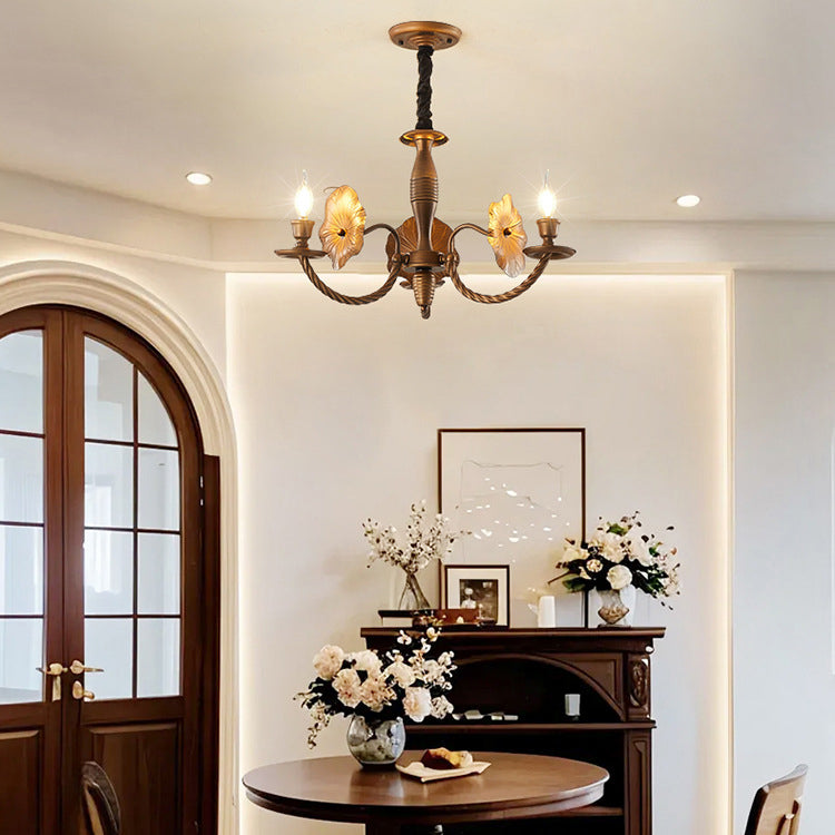 Traditional French Petunia Curved Branch Copper Glass 3/5/6/8 - Light Chandelier For Living Room