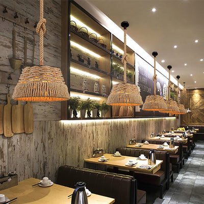 Contemporain industriel trapèze en fer corde de chanvre tissage 1 - Suspension lumineuse pour salle à manger 