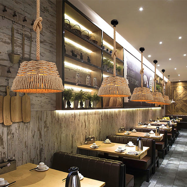 Contemporain industriel trapèze en fer corde de chanvre tissage 1 - Suspension lumineuse pour salle à manger 