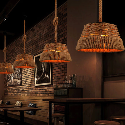 Contemporain industriel trapèze en fer corde de chanvre tissage 1 - Suspension lumineuse pour salle à manger 