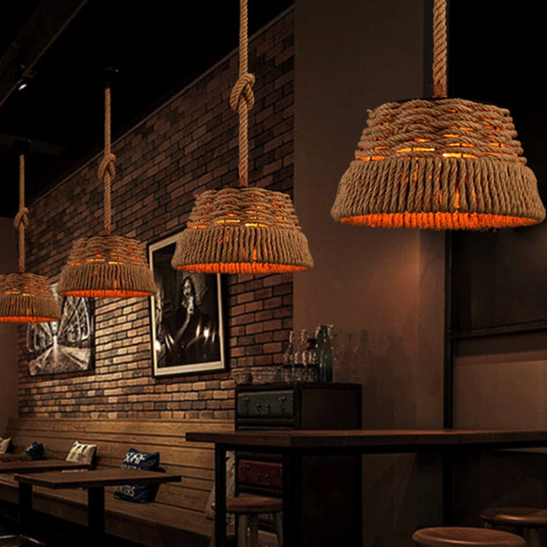 Contemporain industriel trapèze en fer corde de chanvre tissage 1 - Suspension lumineuse pour salle à manger 