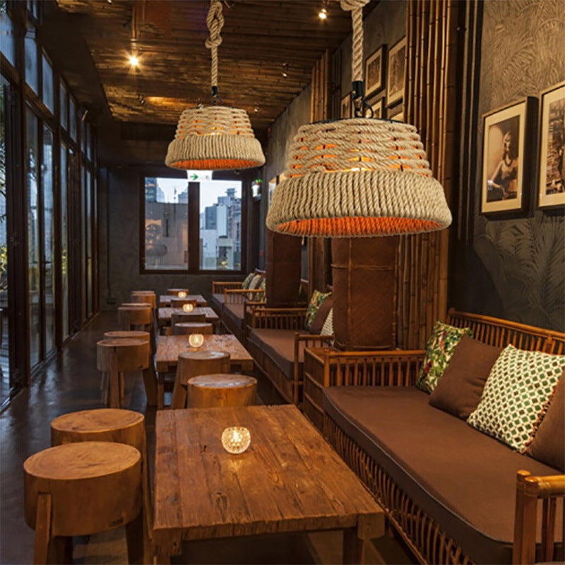 Contemporain industriel trapèze en fer corde de chanvre tissage 1 - Suspension lumineuse pour salle à manger 