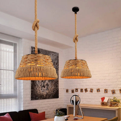 Contemporain industriel trapèze en fer corde de chanvre tissage 1 - Suspension lumineuse pour salle à manger 