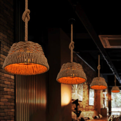 Contemporain industriel trapèze en fer corde de chanvre tissage 1 - Suspension lumineuse pour salle à manger 