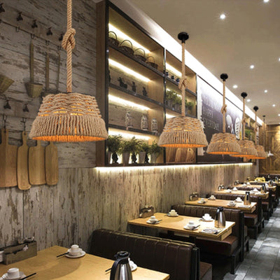Contemporain industriel trapèze en fer corde de chanvre tissage 1 - Suspension lumineuse pour salle à manger 