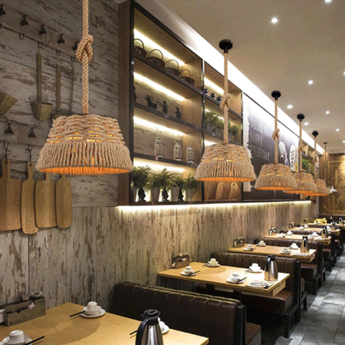Contemporain industriel trapèze en fer corde de chanvre tissage 1 - Suspension lumineuse pour salle à manger 