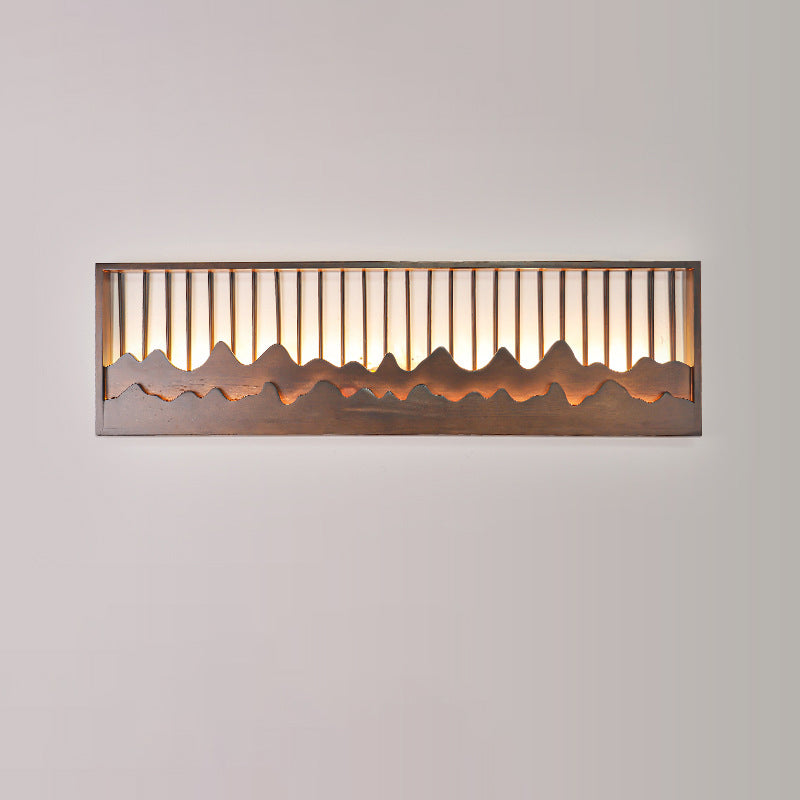 Traditional Chinese Round Rectangle Mountains Rubber Wood LED Wall Sconce Lamp For Living Room