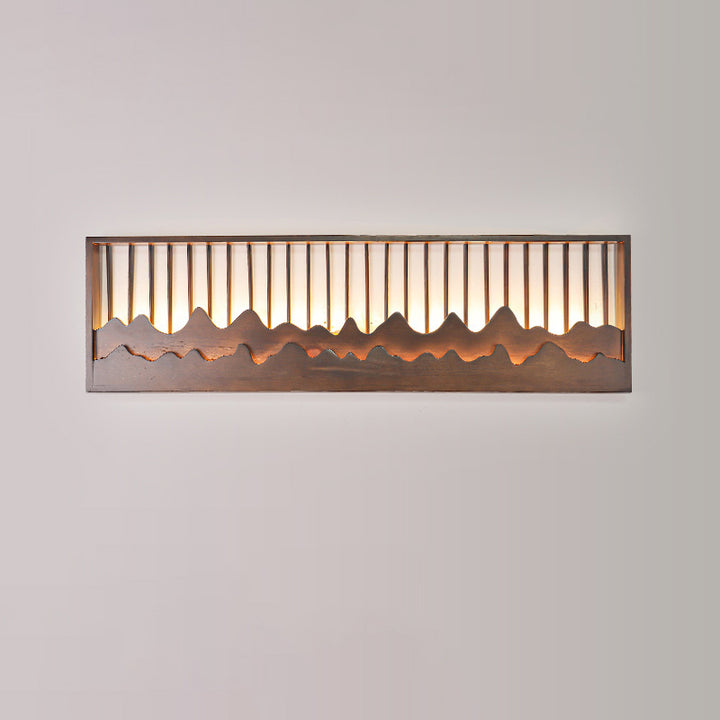 Traditional Chinese Round Rectangle Mountains Rubber Wood LED Wall Sconce Lamp For Living Room