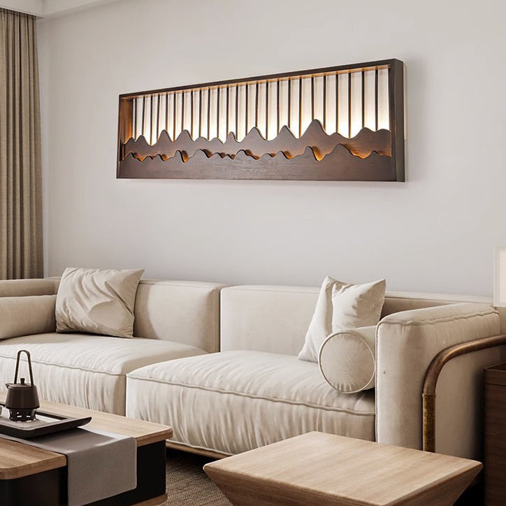 Traditional Chinese Round Rectangle Mountains Rubber Wood LED Wall Sconce Lamp For Living Room